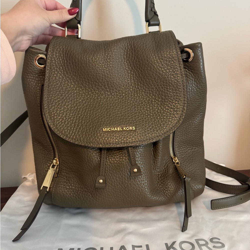 Michael Kors Khaki Leather Backpack with Gold Details